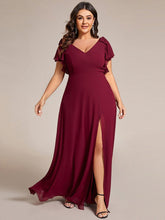 Plus Size A-Line Ruffles Sleeves V-neck Chiffon Bridesmaid Dress with Slit